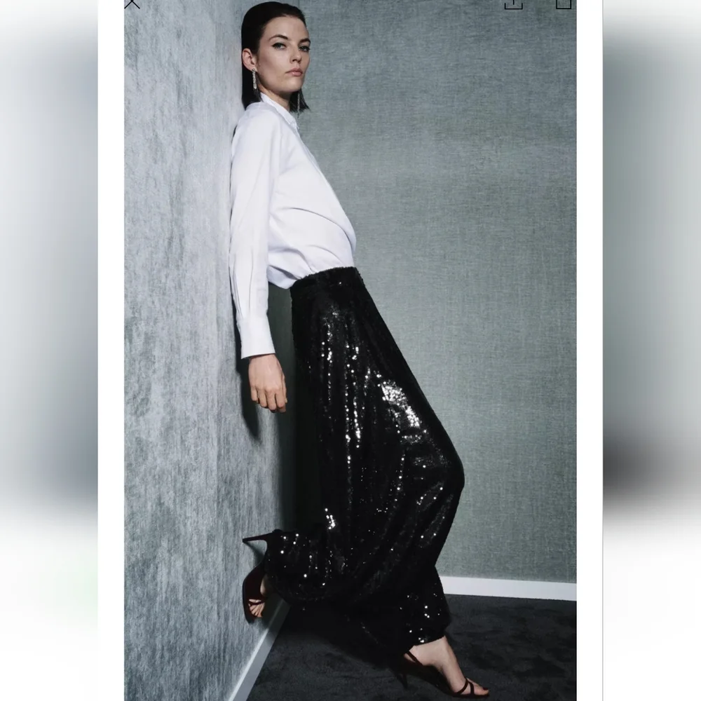 Zara SEQUIN BALLOON PANTS BLACK